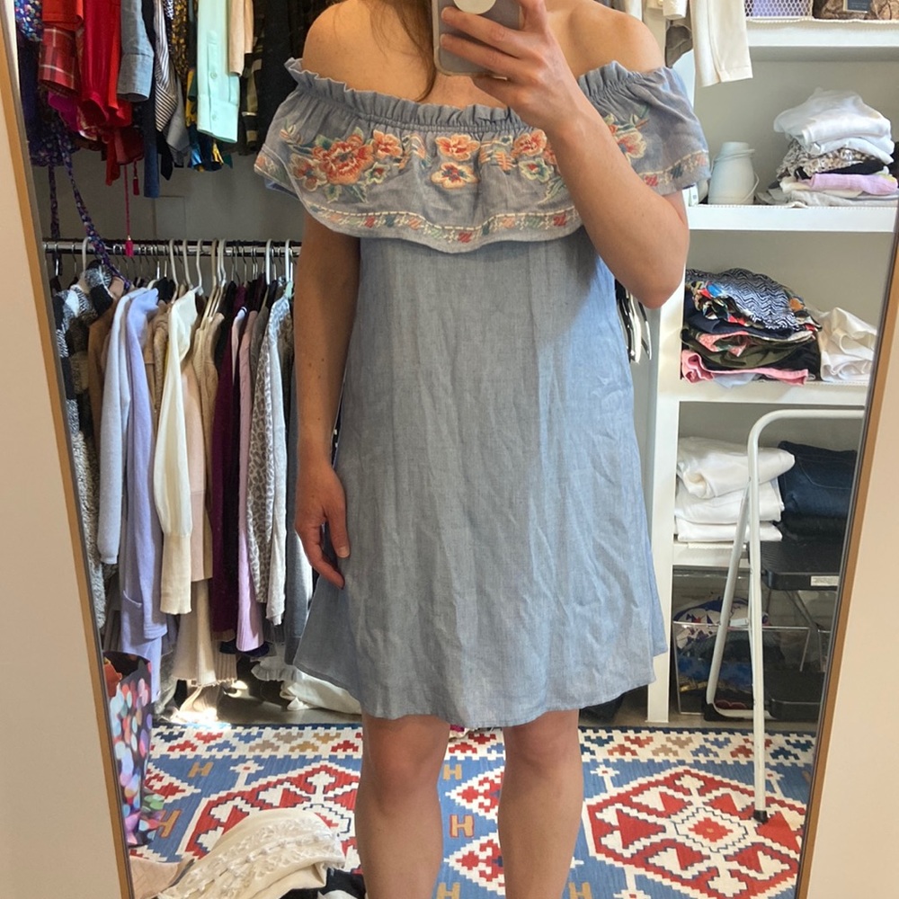 Off shoulder blue with floral design dress